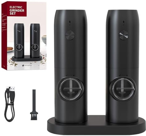 USB Rechargeable Electric Salt and Pepper Grinder Set with Charging Base, Ceramic Grind and LED Light Type Charge, Adjustable Coarseness, Automatic Grinder for Home, Kitchen