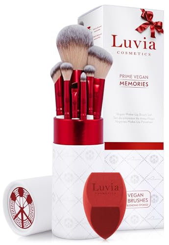 Professionelles Make-up Pinselset Luvia, Geschenkidee, Prime Vegan Memories Velvet Red, Pearl, 7 Schminkpinsel inkl. Pinselaufbewahrung und Blender Schwamm // Prime Vegan Memories Set