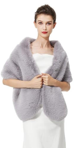 BEAUTELICATE Châle Étole en Fausse Fourrure Cape De Femme Mariage Hiver Boléro Fourrure sur Robe de Soirée Mariée Demoiselle d'honneur Cérémonie Fête(Taille Unique, Gris)