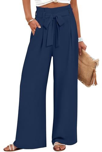 ANRABESS Womens Wide Leg Palazzo Pants Belted High Waisted Business Casual Flowy Long Trousers with Pockets Navy Blue-XXL