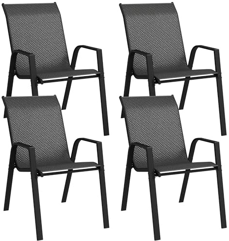 Outsunny Lot de 4 chaises de Jardin empilables, Fauteuil d'extérieur avec accoudoirs et revêtement en résine tressée Effet rotin Gris