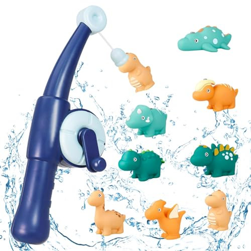 Capgoost Baby Badespielzeug, 9 Stück Badewannenspielzeug, Dinosaurier Wasserspielzeug Kinder, Magnetisches Angelspiel mit Fischernetz Angelstäbe, Magnet Badewannen Spielzeug für Kinder ab 1 2 3 Jahr