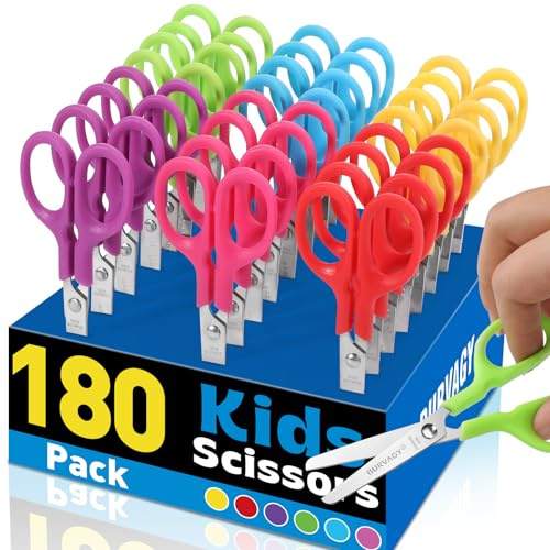 BURVAGY 180Pack 5 Small School Student Blunt Kids Craft Scissors, Sharp Stainless Steel Blades Safety Toddler Kid Child Comfort Grip Scissors Bulk for Children Cutting Paper