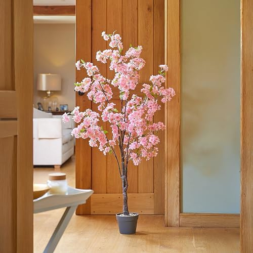 Garden Mile Plantación artificial de árbol topiario verde para jardín, plantas y macetas artísticas redondas con corte de bola, arbusto de jardín para puerta, porche delantero (1, cerezo rosa de 150