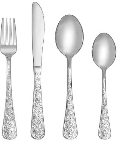 SHEUMNT 24-Piece Silver Vintage Carved Silverware Set for 6, Stainless Steel Flatware Set with Knife/Fork/Spoon, Cutlery Set for Home and Kitchen, Utensil Set with Dishwasher Safe