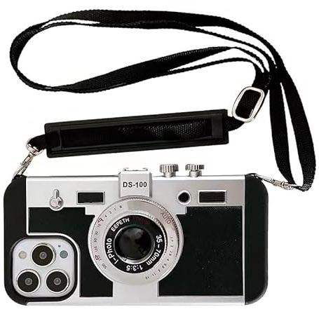 QoKcoahn 3D Vintage Camera Phone Case with Long Lanyard - Unique Cool Silicone PC Shockproof Crossbody Protective Case for iPhone 11- Black