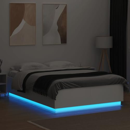 Faroom Holzbett Futonbett Bett 160x200 cm mit LED-Beleuchtung Bettrahmen Holzwerkstoff Einzelbett Doppelbett Bettgestell Weiß