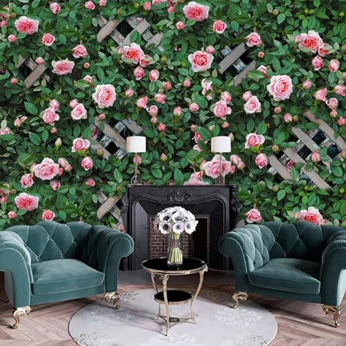 YYZOVBNN 3D Rose grüne Pflanze Hintergrund Wand TV Holzgitter ländliche Landschaft Hintergrund Dekoration Wandbild Milch Tee Shop Restaurant Tapete