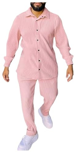 Leisure Suit Men's Two-Piece Baggy Cord Set Plain 2-Piece Long Sleeve Button-Up Lapel Shirt and Shorts Set Summer Hawaiian Outfit Sleepwear Leisure Suit Comfortable Pyjamas Set