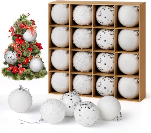 Weihnachtskugeln Weiß, ilauke 16 Stück Weihnachtsbaumkugeln 6cm - Ultraleichter Luxus Tannenbaum Kugeln und Einzigartig Weihnachtsbaumschmuck für Weihnachten und Party Dekoration