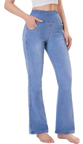 Chasehot Jeans Donna Vita Alta, Jeggings a Zampa Elefante Elasticizzati con Tasche Flare Leggins Bootcut Curvy Push Up Pantaloni Stretch, Azzurro Chiaro-L-31