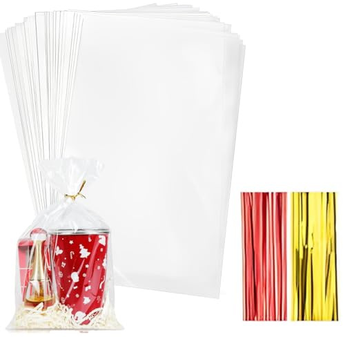 WeddHuis 200 Stück Süßigkeiten Tüten, Cellophan Geschenkbeutel mit Krawatten für Hochzeit Geburtstag Weihnachten Party Candy Giveaway (18 * 13cm) (Durchsichtig)