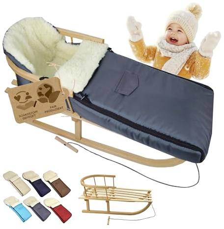 BambiniWelt Holzschlitten mit Rückenlehne & Zugseil + Winterfußsack 108 cm – warme Lammwolle, wasserabweisend – Kombi-Set für Kinderwagen & Buggy, Farbe: dunkelgrau
