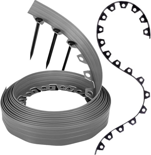 GARDENIX Bordure de pelouse Flexible en Plastique - Résistante aux intempéries - Ronde - Bordure de Parterre de Fleurs - Gris - 10 m - 20 piquets - Hauteur : 6 cm - pour Jardins et tondeuses Robots