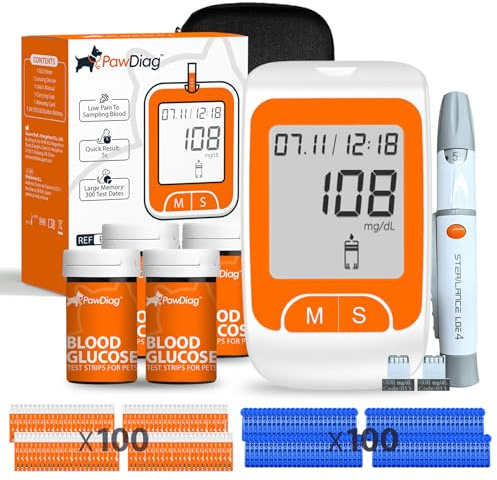PawDiag Pet Blood Glucose Monitor Kit for Dogs & Cats, 100 Test Strips & Lancets (Double Supply) – Vet-Grade Painless Diabetes Testing Meter, Home Glucometer System with Case