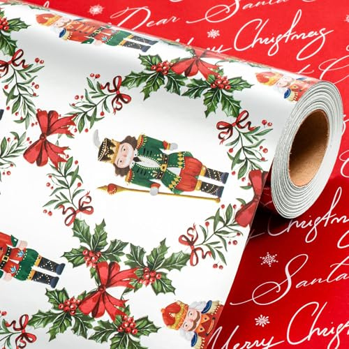 Wikadlik Weihnachts-Geschenkpapier für Geschenke, metallisch-rot-grüne Nussknacker-Schleife, Beerenblätter, Geschenkpapierrolle für Feiertage, festliche Feiern, 43 cm x 10 m