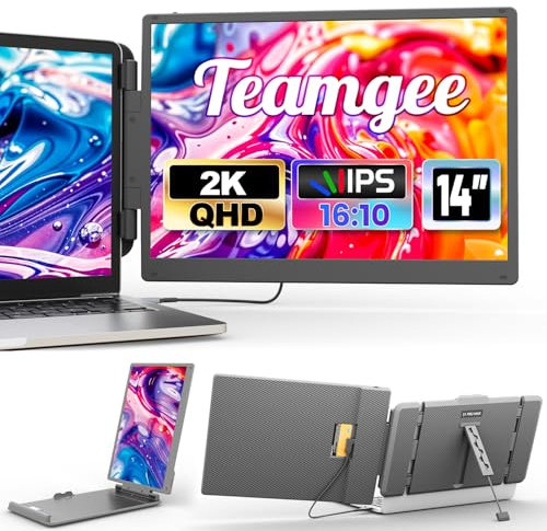 Teamgee 2K Laptop Bildschirm Erweiterung, 2160x1440 QHD IPS 14 Tragbare Monitor für Laptop, Dual Screen Extender HDMI/USB-A/Type-C Plug and Play für 13-17 Laptops für Mac, Wins, Android, Dex