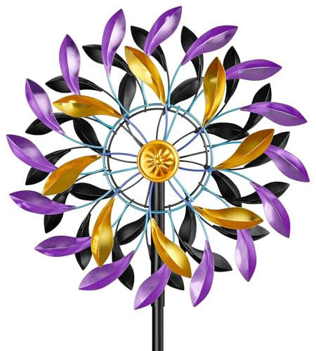 Windrad Garten Metall, Windmühle für den draußen, Windspiel Windblätter 3D Optik, Windspinner Spinner Skulpturen Windfänger für Außenterrassen Patio Rasen (Violett + Gelb)