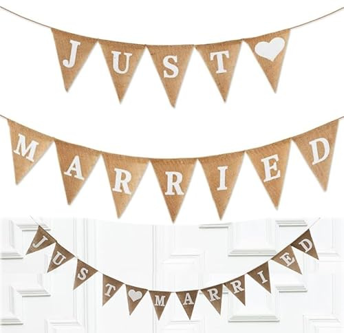 Azlanway Just Married Girlande Hochzeit Deko – Boho Jute Wimpelkette mit Aufdruck für Hochzeitsfeier, Brautparty, Zeremonie, Empfang & Fotoshooting – rustikale Banner Deko für drinnen & draußen