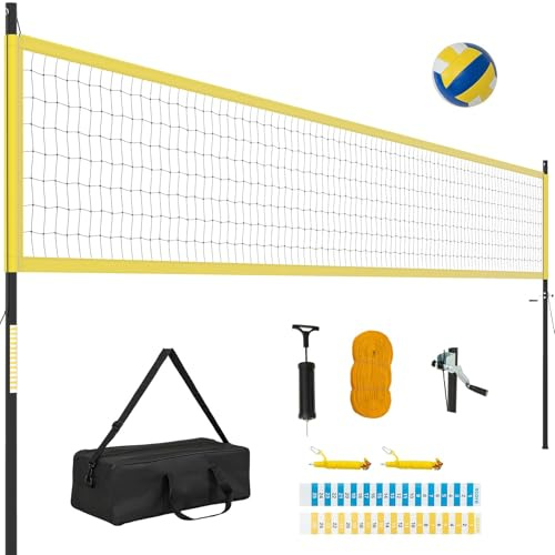 COSTWAY Volleybollnät utomhus, 9,5 x 1 m pool volleyboll nät justerbar höjd med stativ, volleyboll, hammare, pump och bärväska, bärbar strandvolleyboll för trädgård, strand, bakgård (gul)