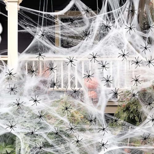 Gemdoit Spinnennetz Deko mit 60 Kunststoffspinnen – Lustige Prank Deko & Party Dekoration für Innen & Außen, Garten, Büro, Zuhause