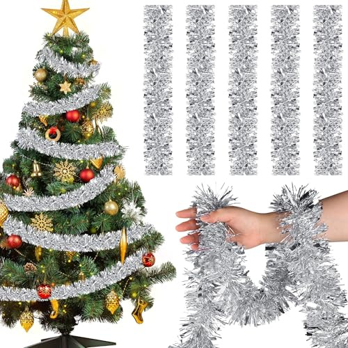 12M x 1 Stück Weihnachtsbaum Girlande Glitzer,9cm Weihnachtsgirlande Lametta,Silber Weihnachten Deko Girlande für Weihnachten,Weihnachtsbaum Dekorieren