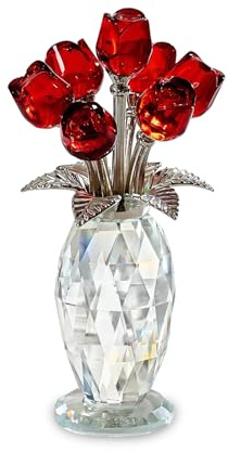 Minicloss Crystal Rose Red Bouquet Figurines - Glass Flowers Ornaments Gifts for Her - Colorful Glass Decor for Wife, Girlfriend - Home, Office & Tabletop Decor