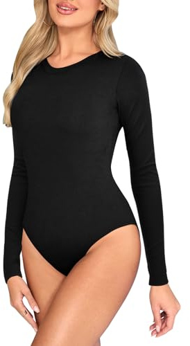 Kefiyis Bodysuit Long Sleeve Bodysuits for Women UK Crew Neck Body Suits Thong Body Suit with Snap Stretch Leotard Tops for Going Out Casual Black S