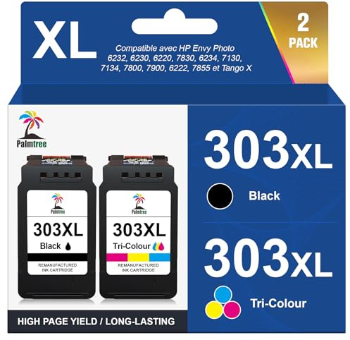 Palmtree 303XL 303 XL Compatible pour Cartouche HP 303 XL Noir et Couleur Encre pour HP Envy Photo 6232 6230 6220 7830 6234 7130 7134 7800 7900 6222 7855 6252 6255 6258 7120 7132 Tango X (2-Pack)