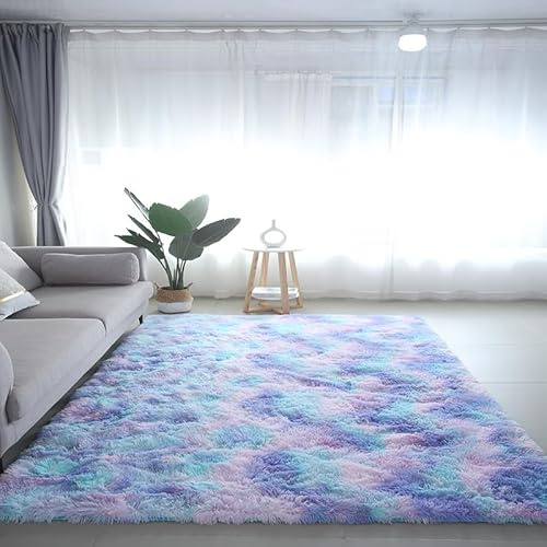 ARNTY Hochflor Teppich, Teppich Wohnzimmer Schlafzimmer Sinderzimmer Flauschiger Waschbarer Anti-Rutsch Extra Große Moderner Teppiche (Blauer-Regenbogen, 160x230cm)