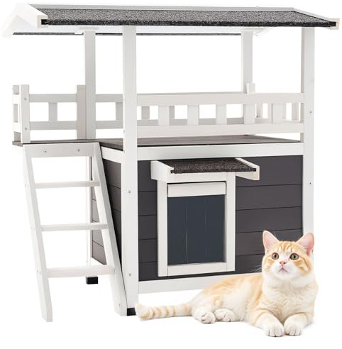 VEVOR Caseta para Gatos, Refugio Elevado de Madera de 2 Plantas con Escaleras y Balcón, Espacio Amplio, Casa Impermeable para Gatos Salvajes de Interior y Exterior en Invierno, 762 x 563 x 774 mm