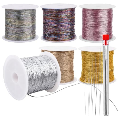 6 rullar metallic snöre, 300 m, guldtråd och 5 stycken pärlnålar, gyllene snöre, tunt glittergarn, silvertråd, sidentråd, för pyssel, gör-det-själv hantverk, armband, smycken, halsband