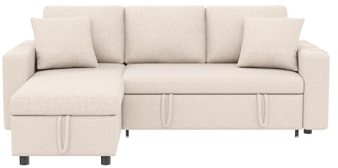 Lcoho Schlafsofa mit Schlaffunktion, L-förmiges Sofa, Sofa-Chaiselongue mit Stauraum, mit Taschenaufbewahrung, Wohnzimmer-Schlafsofa, Links und rechts austauschbare Chaiselongue. (Beige.)