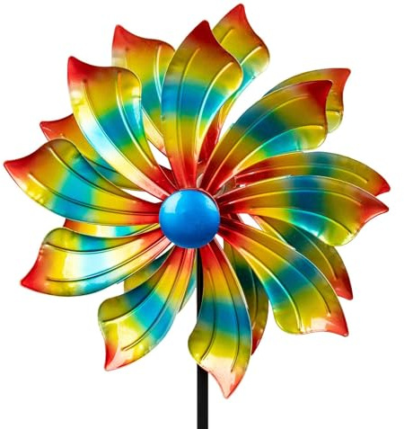 formano Windrad Garten Metall Bunte Flügel kugelgelagert Windspiel Ø 29/123 cm Windmühle Vogelabwehr mit stabilem Gartenspieß wetterfeste Gartendeko für Beet, Rasen & Terrasse