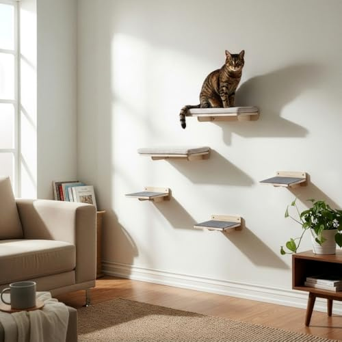 WOOWOOD® Katzen Kletterwand Set 5-teilig, Katzenbett & Treppen Wand | Platzsparend an der Wand, Module frei anordenbar, wächst mit der Katze, für Jung- und Altkatzen, schnelle Montage