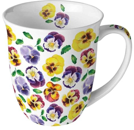 Ambiente Bone China Mug with Pansy Motif, Porcelain, 400 ml, 10 cm Diameter, White Colourful, Lots of Pansies