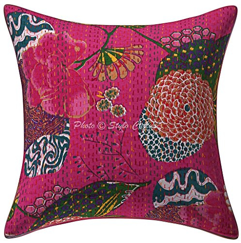 Stylo Culture Boho Forros De Cojines Decorativa 40x40 cm Algodón Tropicana Fundas Almohadones Sofa Rosa 16x16 Inch Kantha Impreso Cuadrado sobre Fundas Cojines Dormitorio - 1 Pc