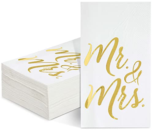 50 Papierservietten Mr. & Mrs. in Goldfolie, Rechteckig, Lang, 3-Lagig, Einweg-Servietten, 10 x 20 cm, Weiß