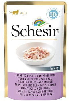 Schesir, Feuchtnahrung für erwachsene Katzen mit Thunfisch, Hähnchen und Schinken in weichem Gelee - (30 Beutel à 50 g)