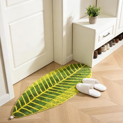 Blattförmige Grüne Badezimmermatte, TPR Rutschfeste Badvorleger, 45x120cm | Weiche Saugstarke Badematte für Badezimmer, Badewannenrand, Duschausgang, Toilette, Waschbecken und Schlafzimmer‑Bettkante
