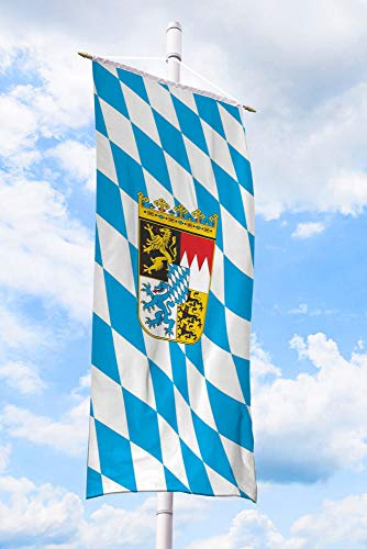 Bayern Fahne – 150 x 400 cm - Bannerfahne für Fahnenmast - Bayern Flagge mit Wappen & Raute - aus wetterfestem und reißfestem 100% Fahnen-Polyester-Stoff, auch als bayrische Deko fürs Oktoberfest