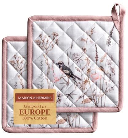 Maison d'Hermine Topflappen-Set, 100% Baumwolle (20 cm x 20 cm, 2er-Pack) | Hitzebeständig mit Schlaufe zum Grillen Backen Anfassen heißer Pfanne, Frühjahr Sommer - Meadow Florals - Brown