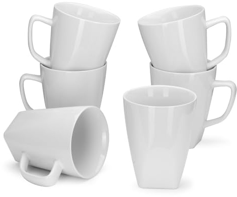 Miicol Porcelain Coffee Mugs Set of 6, Large Coffee Cups 14 oz, White Tea Cups, Ceramic Mugs for Latte, Cappuccino, Milk, Cocoa, Square Bottom, Microwave & Dishwasher Safe