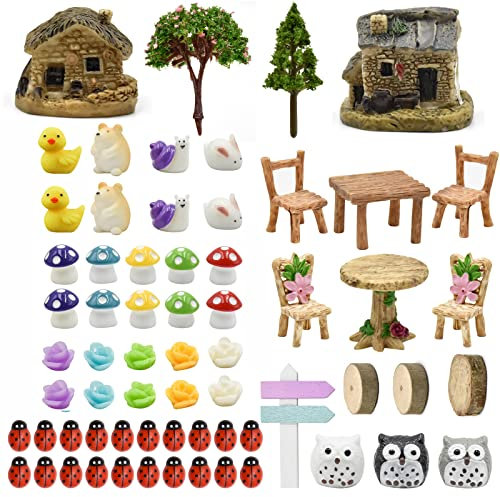 LALASTYLE 64 Pieces Miniature Fairy Garden Accessories Mini Animals Miniature Ornament Kit Outdoor Figurine Mushroom House Resin Ladybug Owl Dwelling for Dollhouse Decoration Plant House Decor