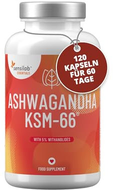 Ashwagandha Kapseln - 600 mg Hochdosiert Premium KSM-66-Wurzelextrakt mit 5% Withanoliden, Vitamin B5, Selen, Piperin - 120 Vegane Kapseln - Sensilab