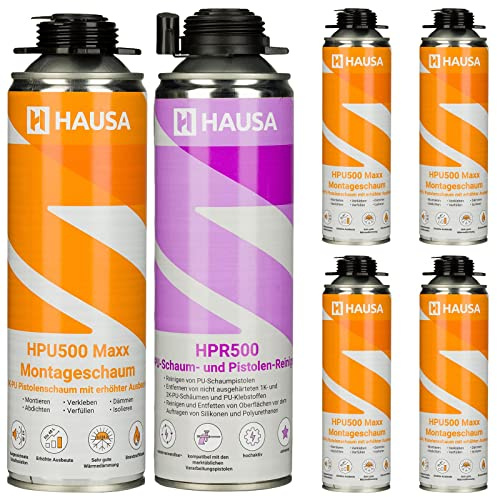 HAUSA Bauschaum-Set 5x Montageschaum 500ml grau inkl. 1x Pistolen-Reiniger 500ml; Pistolenschaum zum Verfüllen Dämmen Abdichten, extrem hohe Ausbeute, ausgezeichnete Dämm- & Isoliereigenschaften