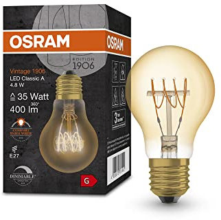 OSRAM s Vintage 1906 - Gold-Tönung,4,8W,400lm,Glühnform(Classic A) E27-Sockel,warmweiße Lichtfarbe,spiralförmiges Filament,dimmbar,bis zu 15.000 Stunden Lebensdauer,4058075761452,35W-Ersatz