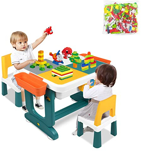 Froadp Mesa infantil multifuncional de actividades para niños, mesa de juegos con silla, caja de almacenamiento y bloques de construcción, mesa de juegos, mesa de manualidades, juegos de mesa y sillas