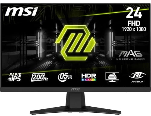 MSI MAG 244F, Moniteur de Jeu Eye Care de 24, FHD 1920 x 1080, IPS, sans Cadre, 200 Hz, 0,5 ms, Compatible HDR, AMD FreeSync Premium, AI Vision, Port HDMI et DP, Inclinaison réglable, Vesa, Noir