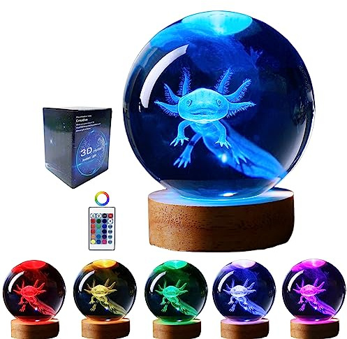 axolotl lamp,3.15 inch 3D K9 Crystal Ball Axolotl Night Light with Wooden Base,16 colors change,remote control,color box,Birthday Christmas axolotl Gift